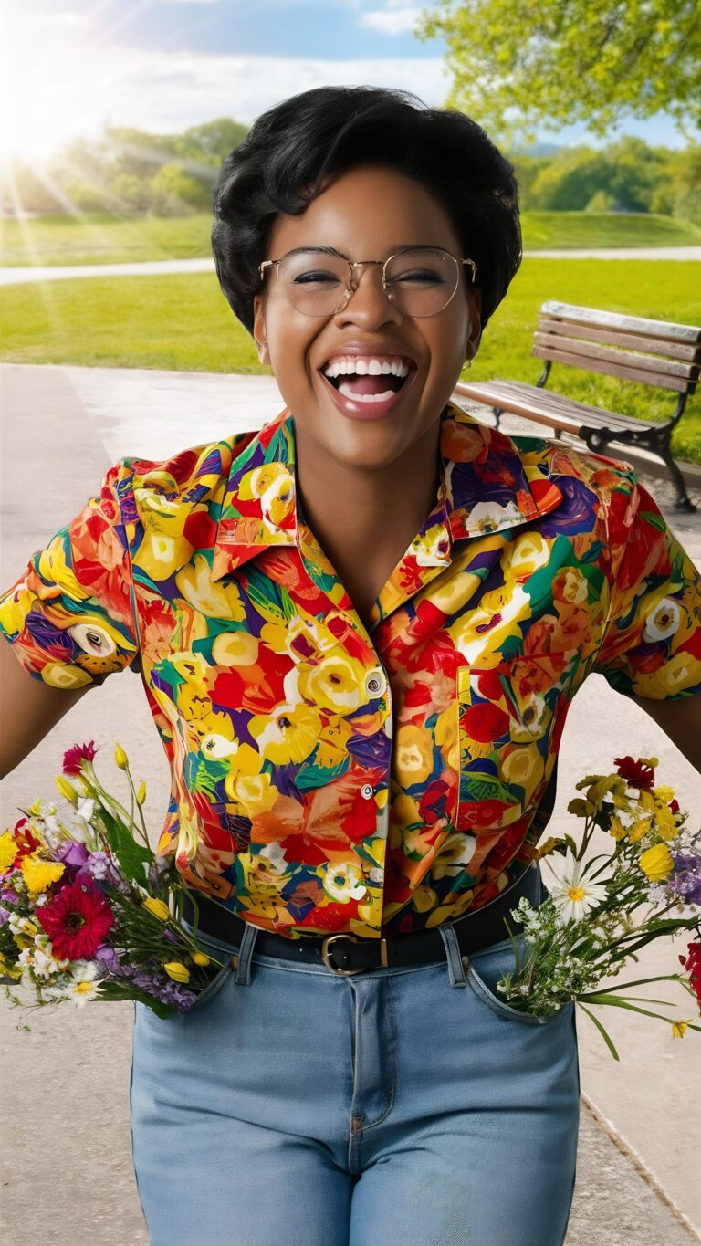 black-woman-with-flowers-shirt-pockets-laughing